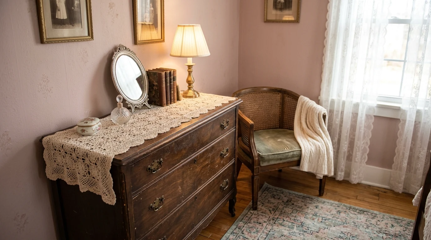Cottagecore room in muted green and cream with a romantic retreat atmosphere.
