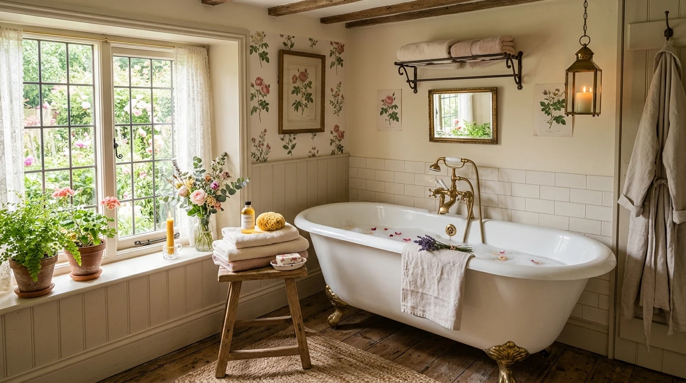 Cottagecore decor with vintage art and botanical touches throughout the room.