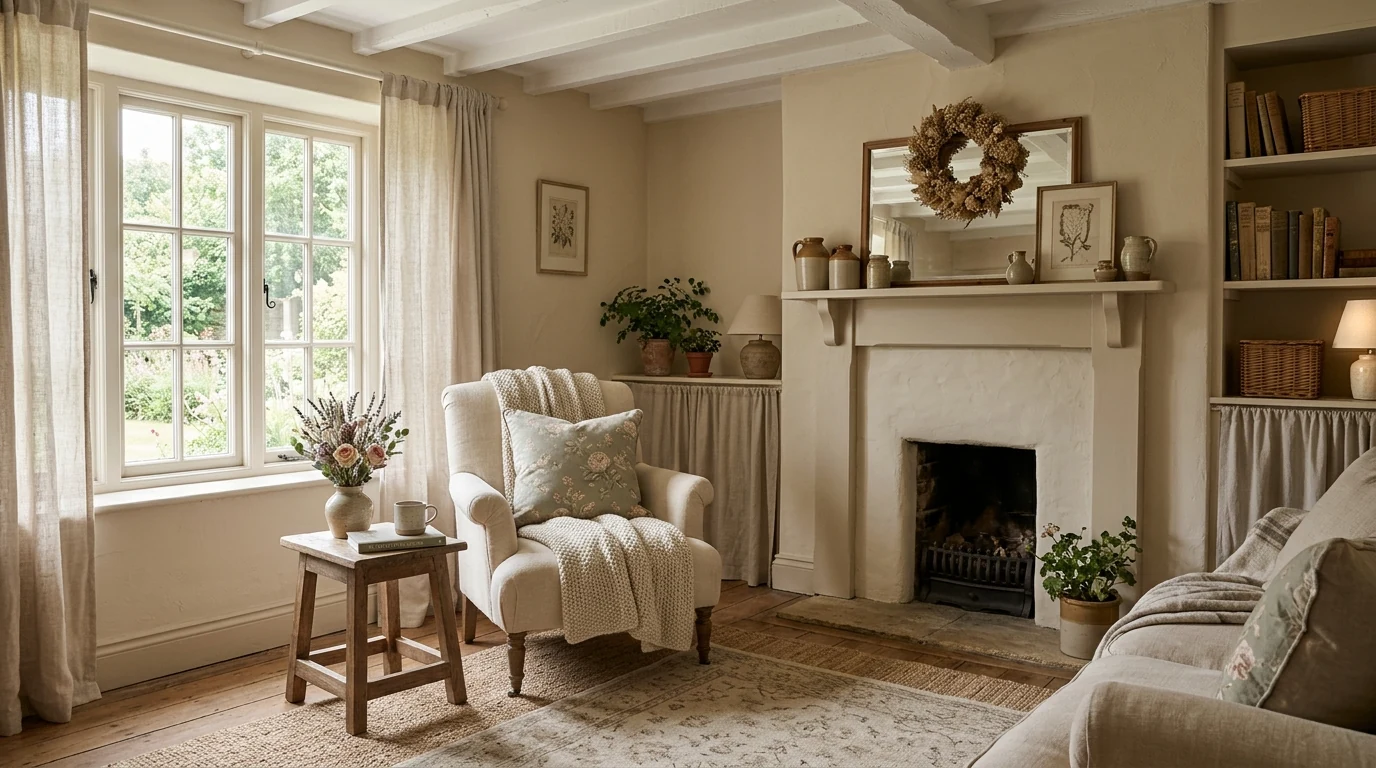 Charming cottagecore bedroom with floral bedding and storybook character.
