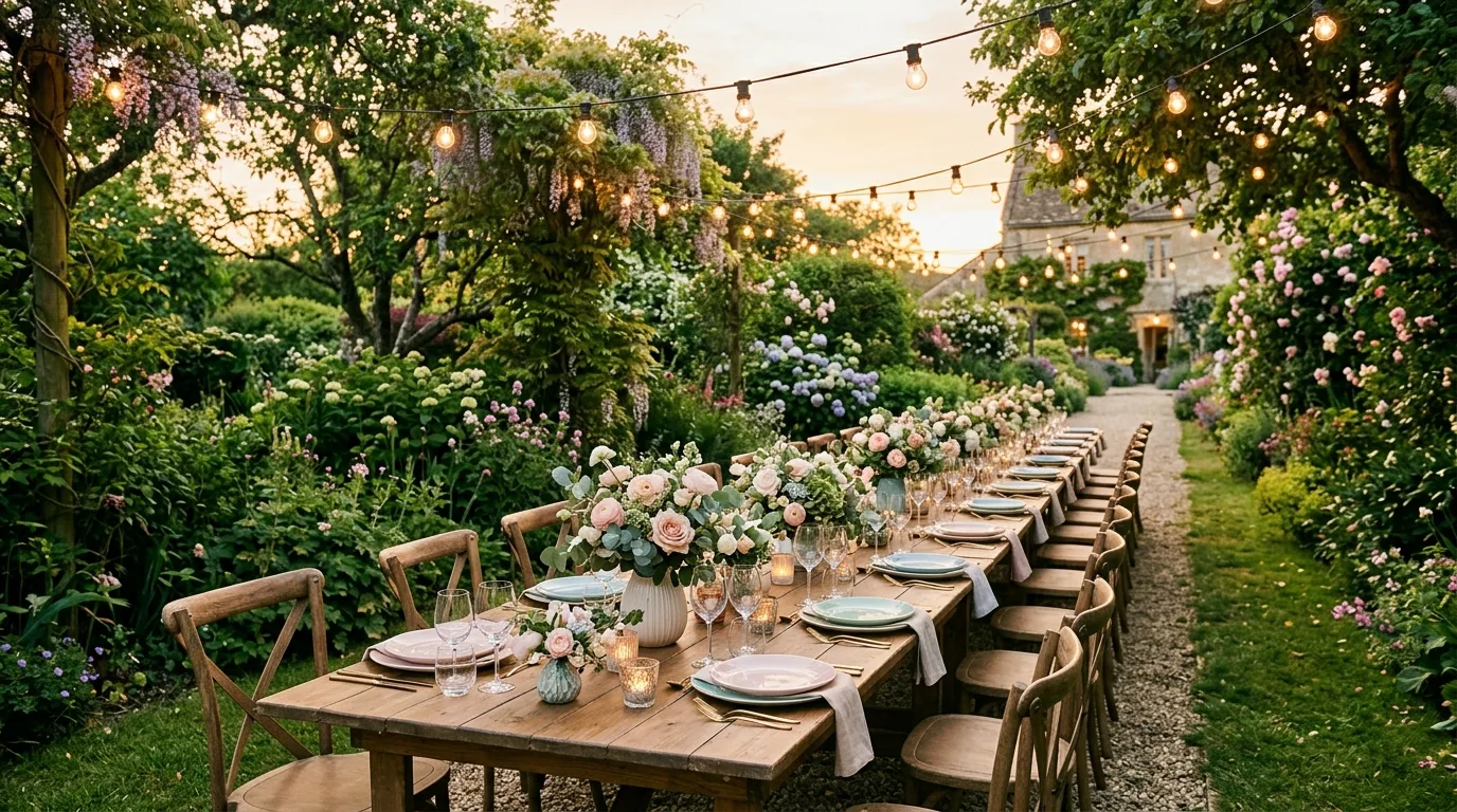 Outdoor summer garden party with flowers, layered table linens, lights, and charming entertaining details.