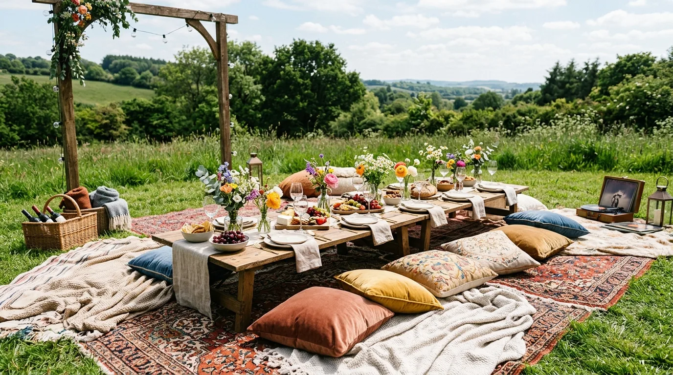 Outdoor summer garden party table with colorful floral centerpieces.