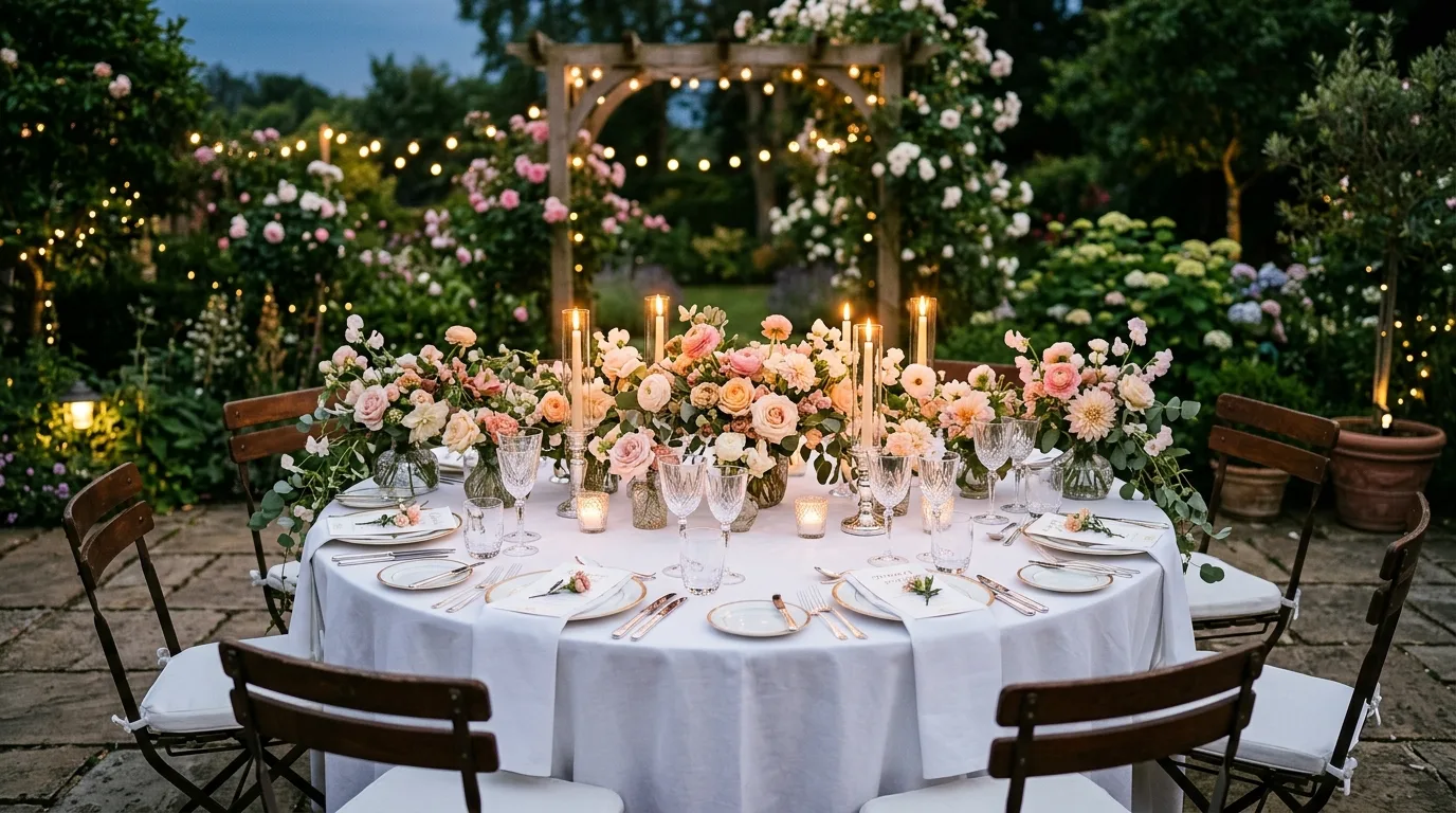Garden party tablescape with mixed vintage china and charming details.