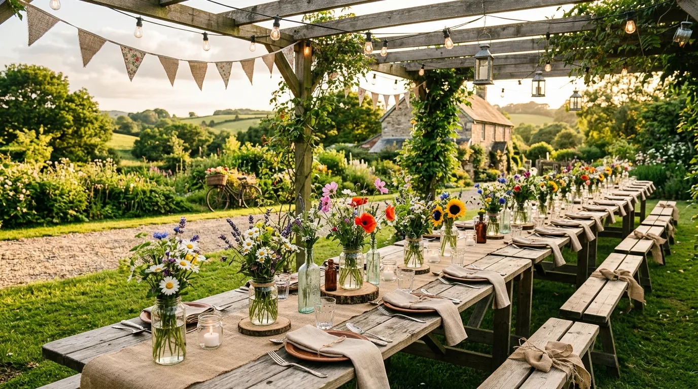 Garden party with string lights hanging through trees at dusk.
