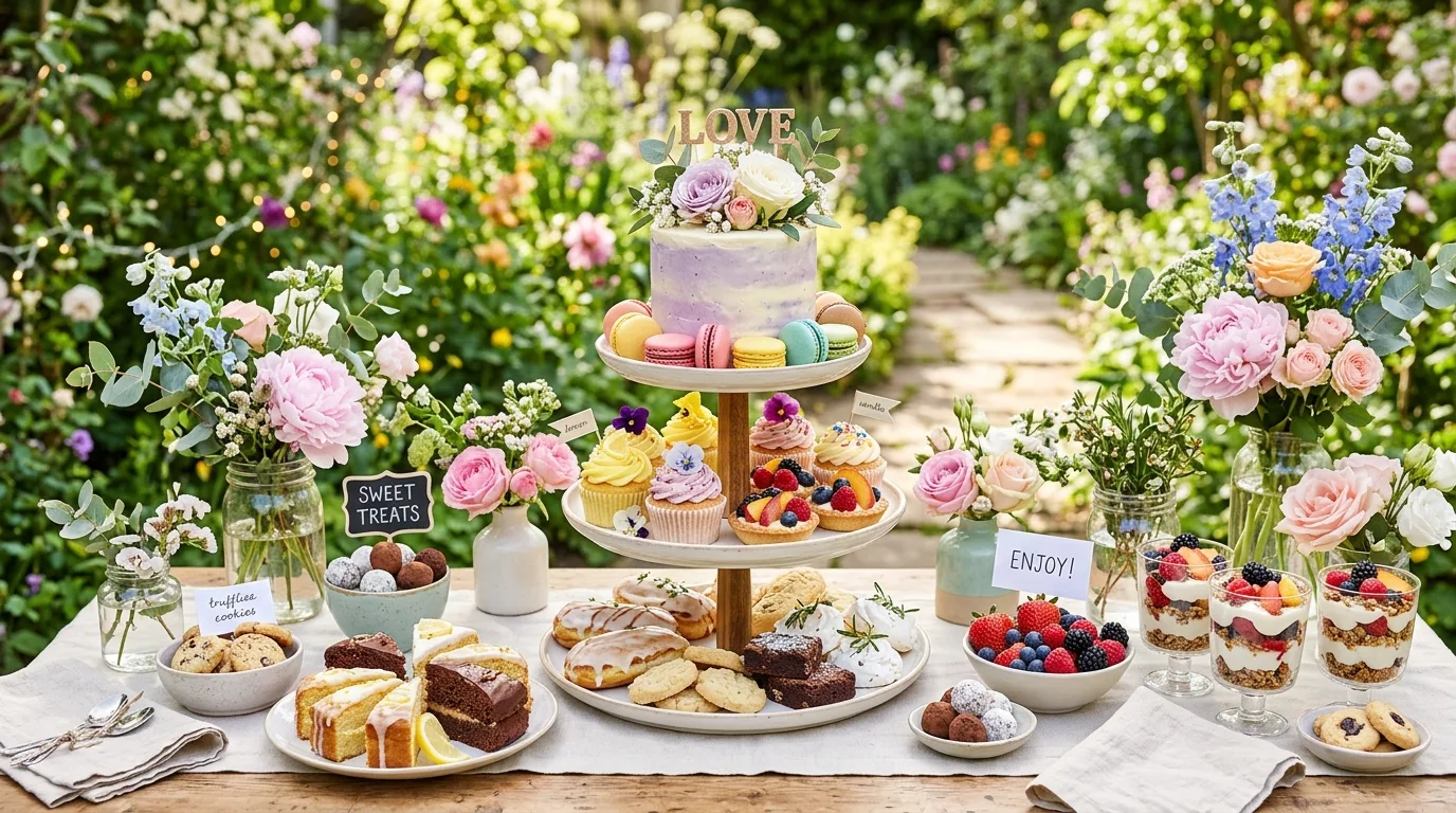 Outdoor garden soiree with parasols and shaded seating areas.
