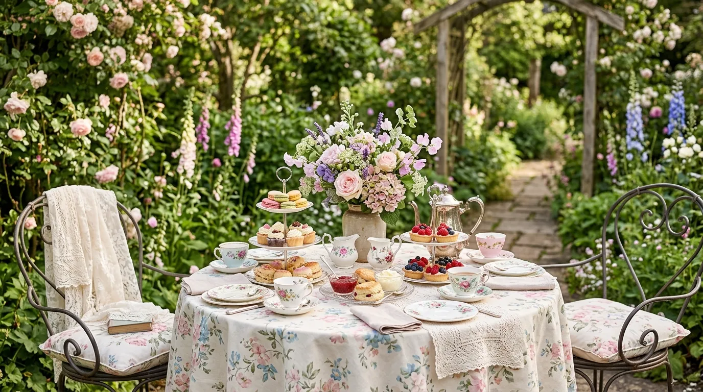 Garden party seating area with rattan chairs and wicker accents.