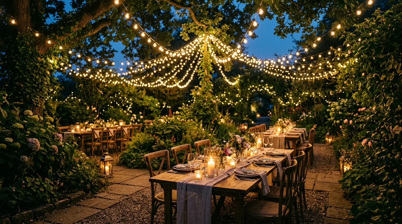 Summer garden party drink station with pitchers, glasses, and flowers.