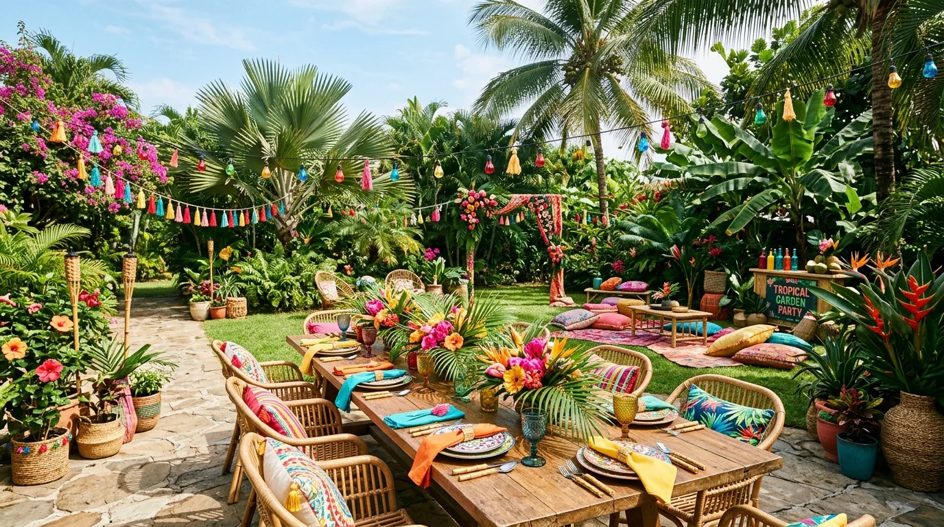 Charming garden party dessert table with cake stands and floral styling.