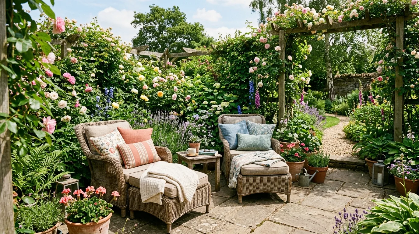 Garden party path lit with lanterns leading toward the outdoor table.