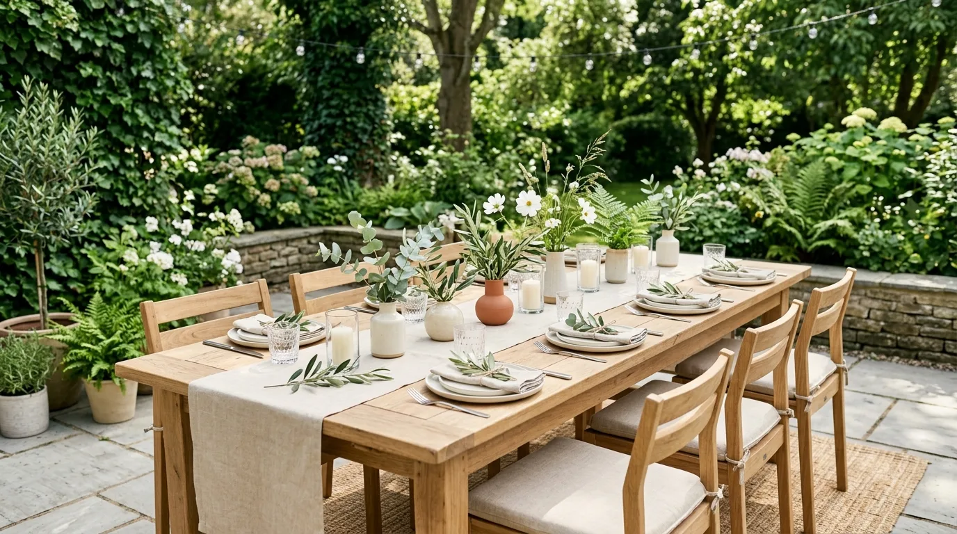 Outdoor garden party with baskets of blankets for guest comfort.