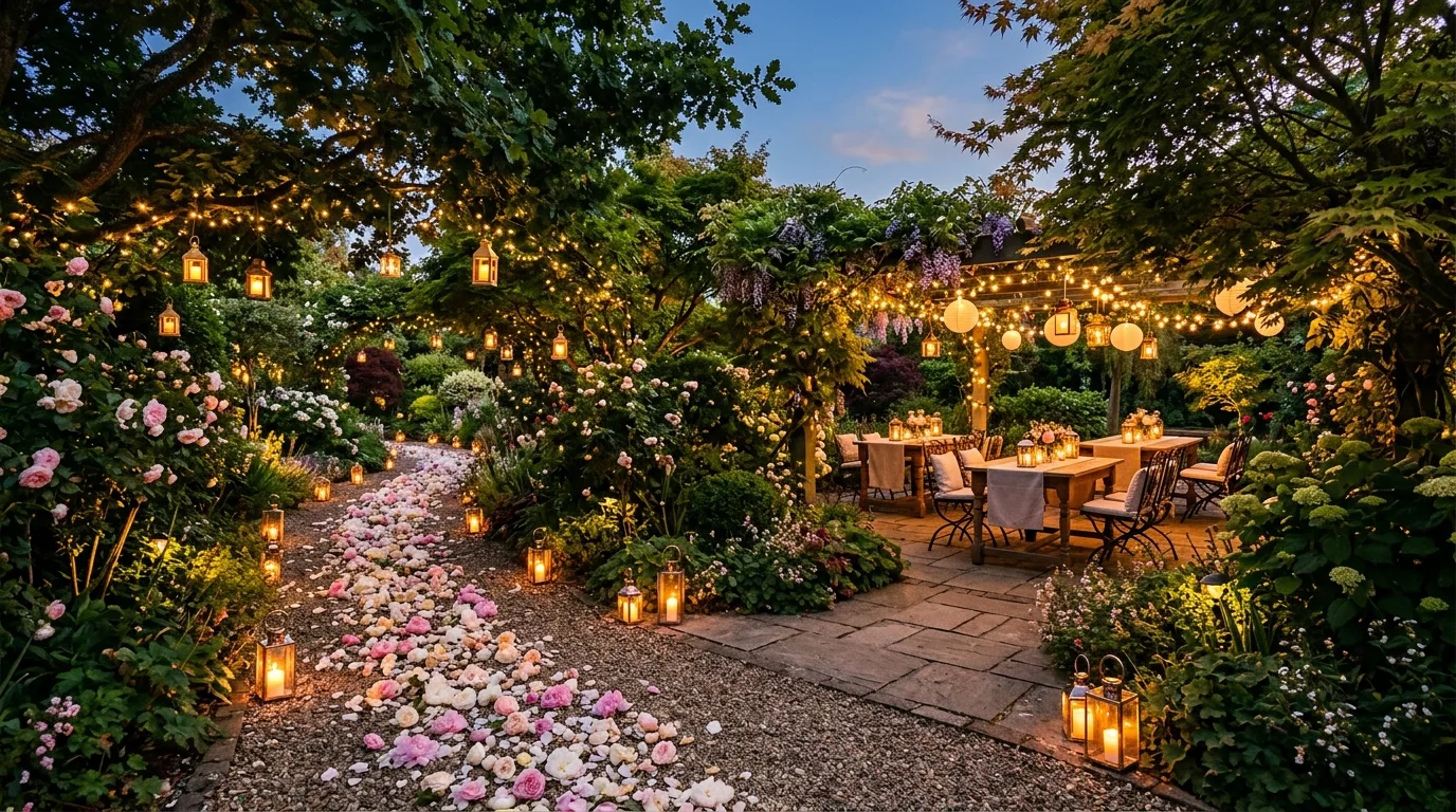 Outdoor summer garden party glowing softly at sunset with flowers and candlelight.