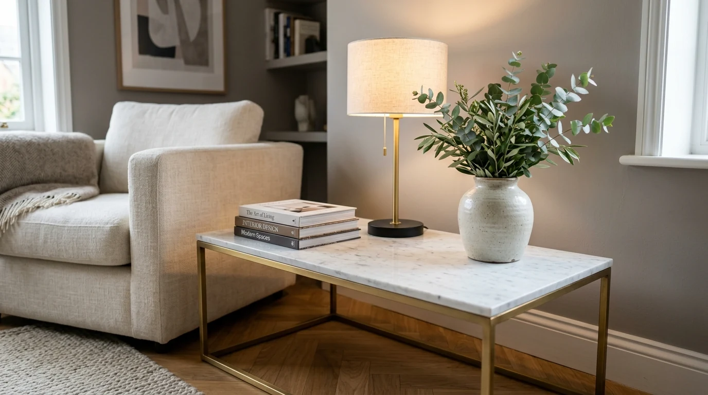 Chic end table decor styling a living room corner beautifully.