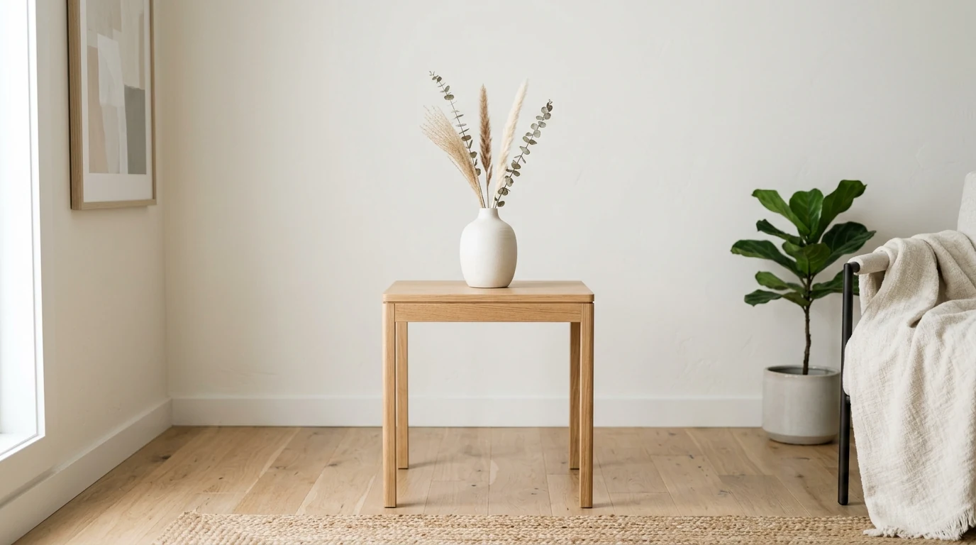 Styled living room end table with a vase of branches adding height.