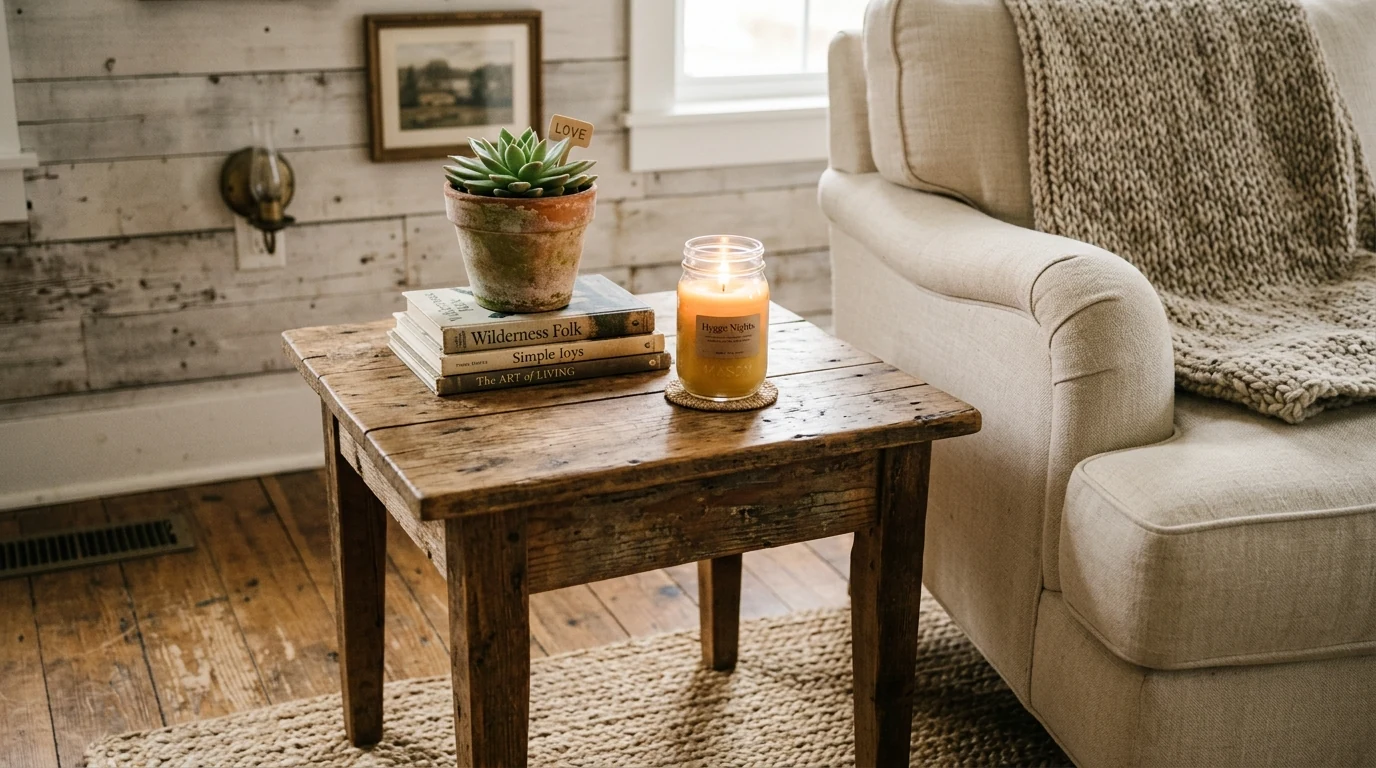 End table decor styled with a candle and coaster in a polished arrangement.