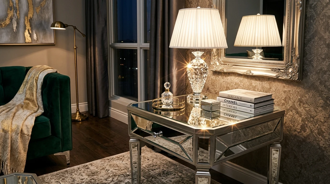 Living room end table decor arranged on a round tray for a tidy styled look.