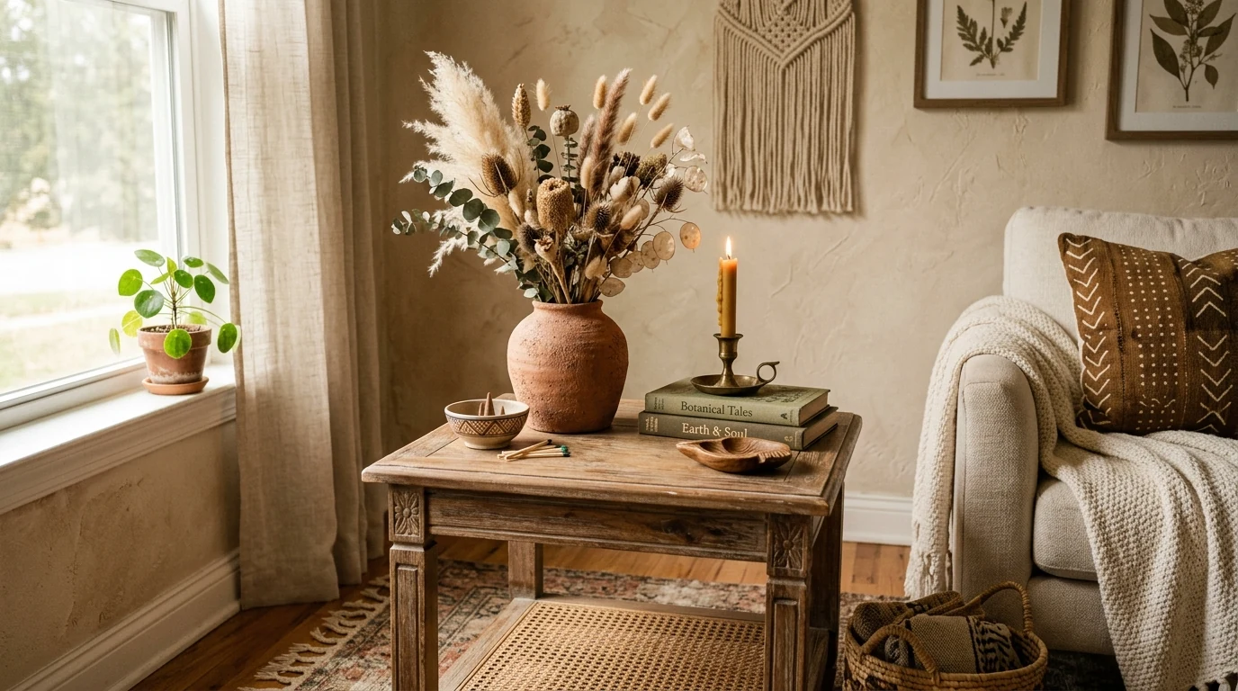 Chic end table styled with a sculptural decor object and one book.