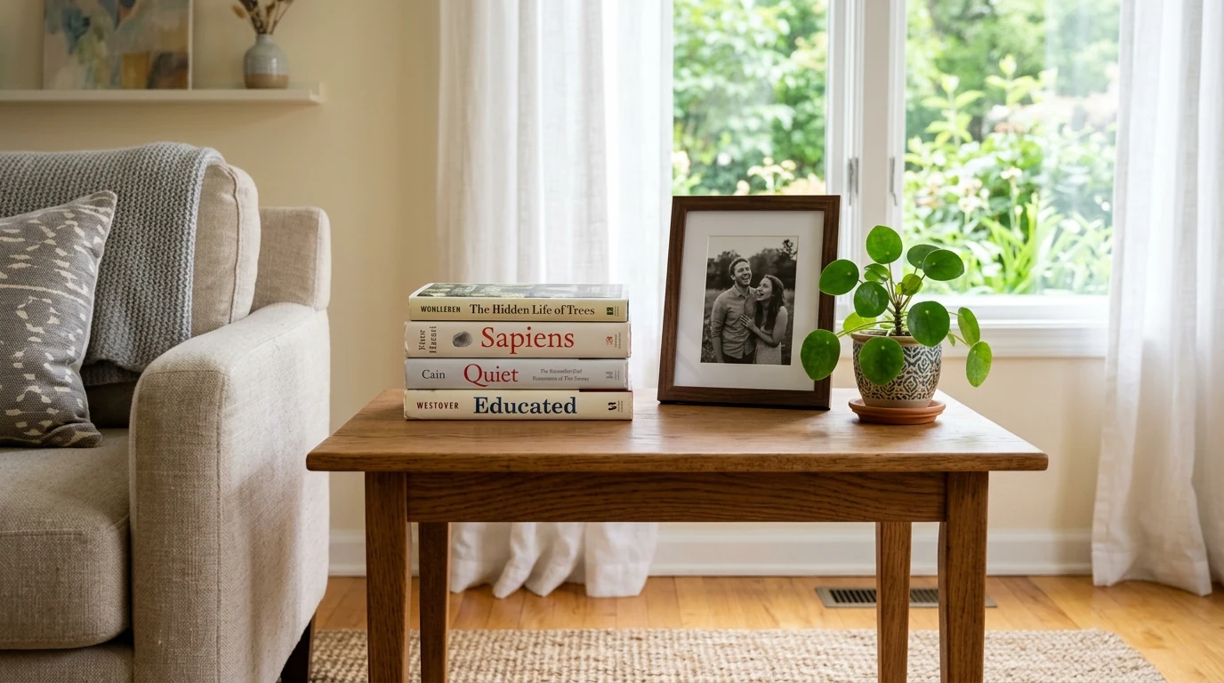 Styled end table with fresh flowers beside a living room sofa.