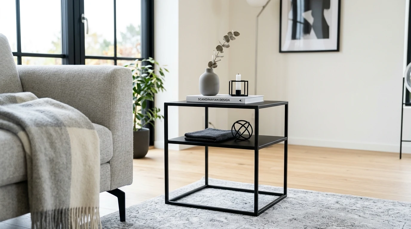 Dark end table decorated with brass accents for a polished living room corner.