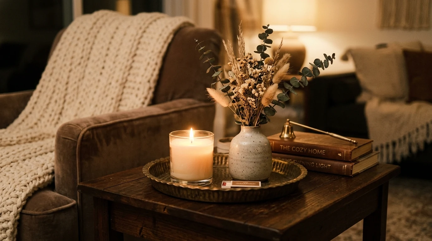End table decor mixing ceramic and wood textures in a styled living room corner.