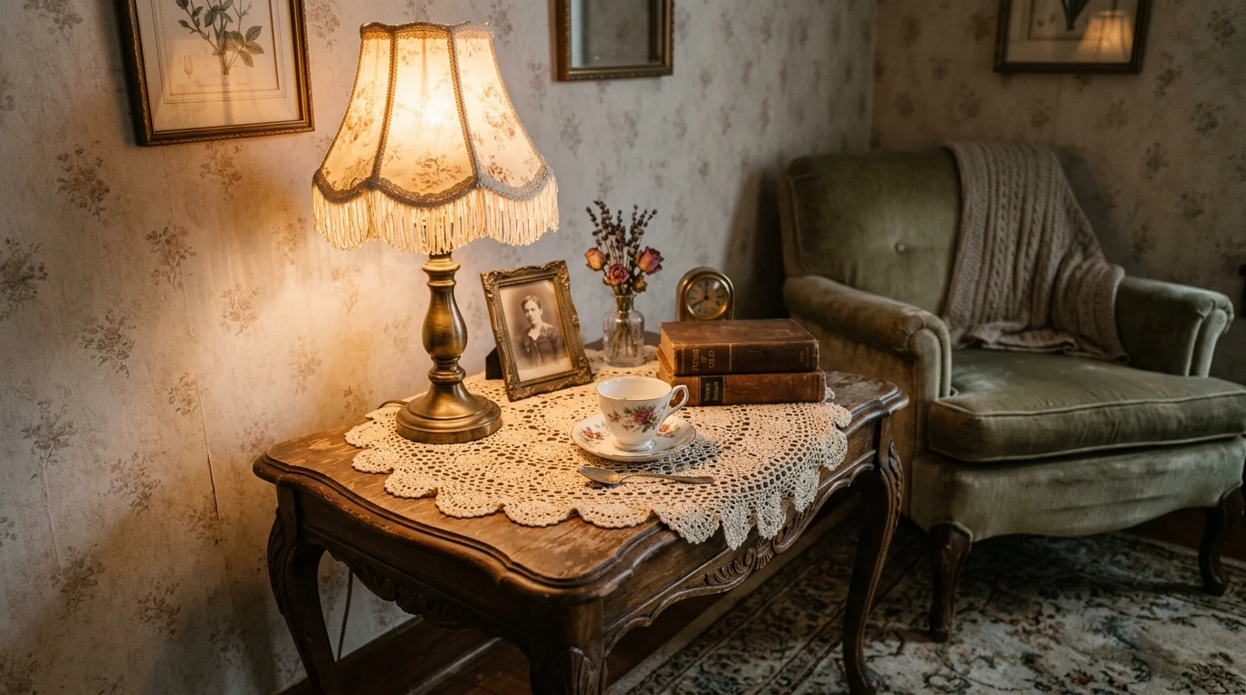 Living room reading corner with a chic end table styled for comfort and function.