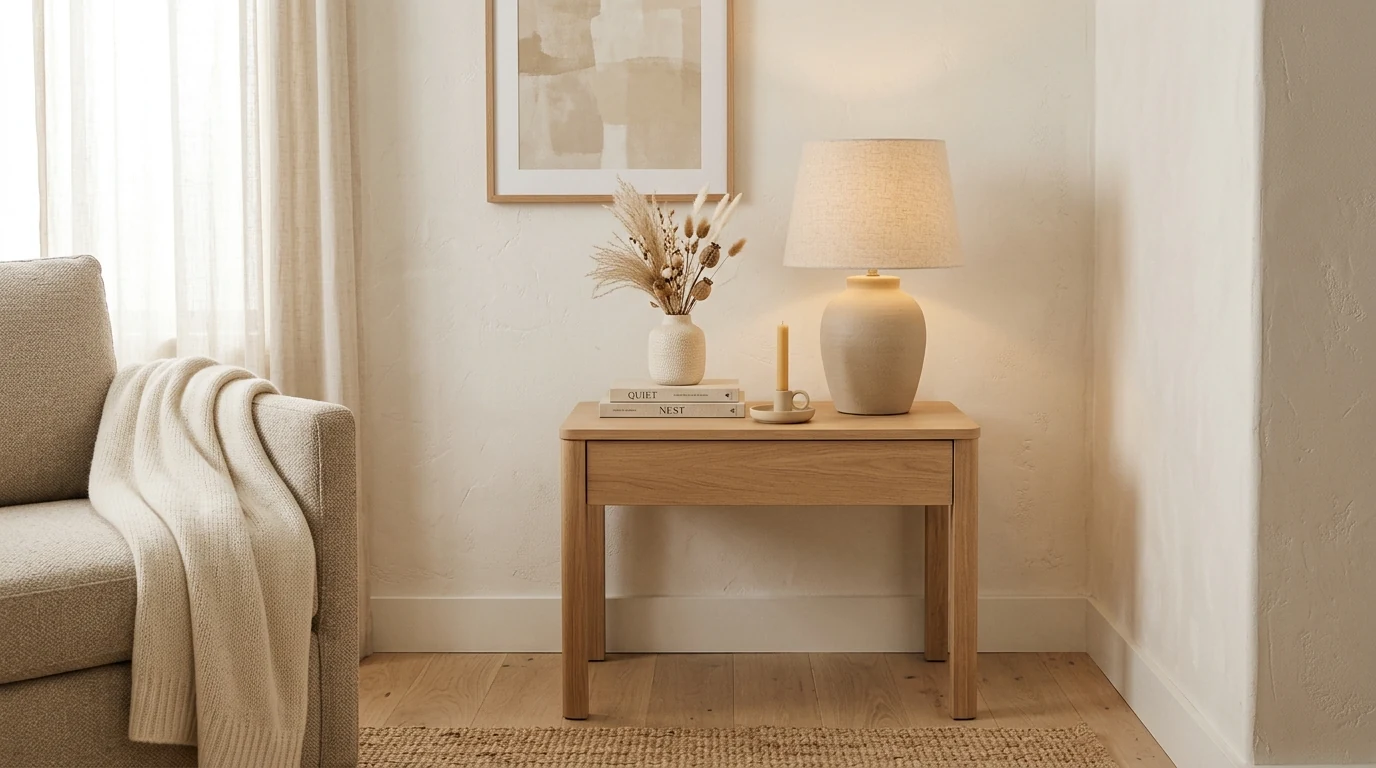 Glass or mirrored end table styled with soft decor in a polished living room.