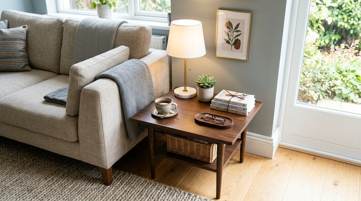 Chic end table decor with a subtle seasonal accent and calm styling base.