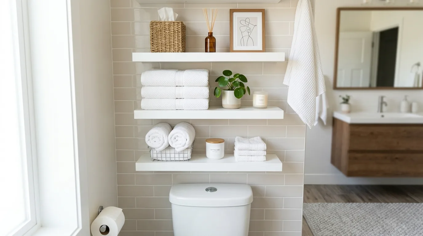 Bathroom wall above the toilet styled with floating shelves, baskets, and organized decor.