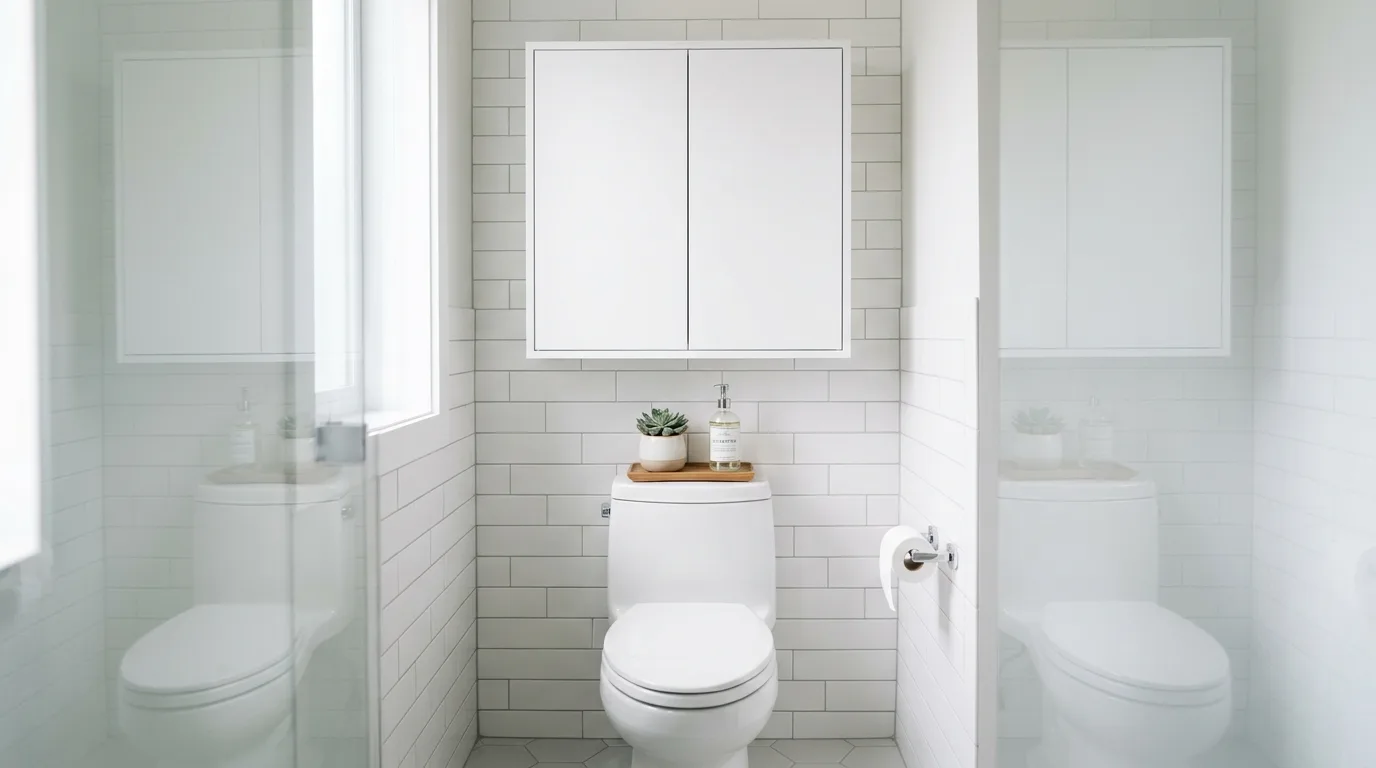 Above-toilet shelf storage using woven baskets in a styled bathroom.