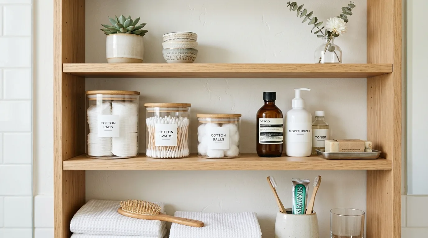 Bathroom with warm wooden shelves mounted above the toilet.