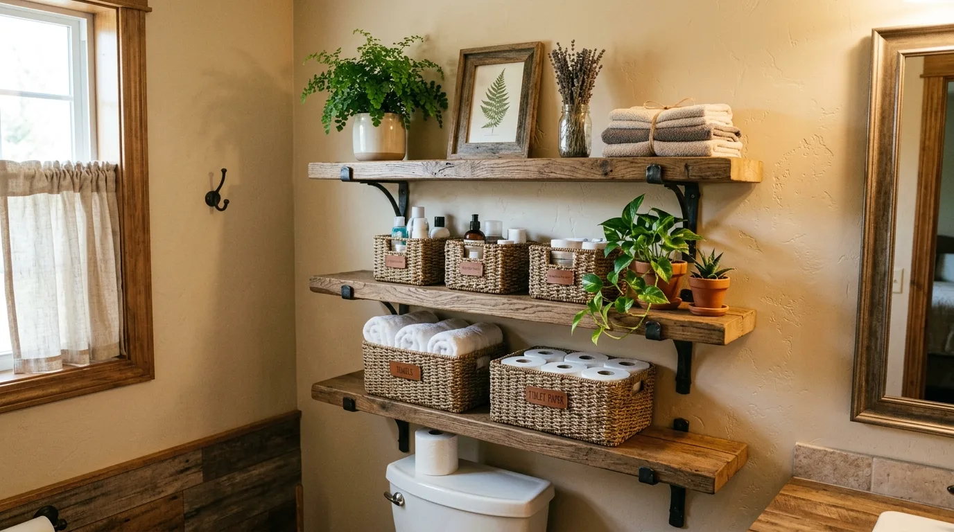 Above-toilet bathroom decor combining framed art with a shelf below.
