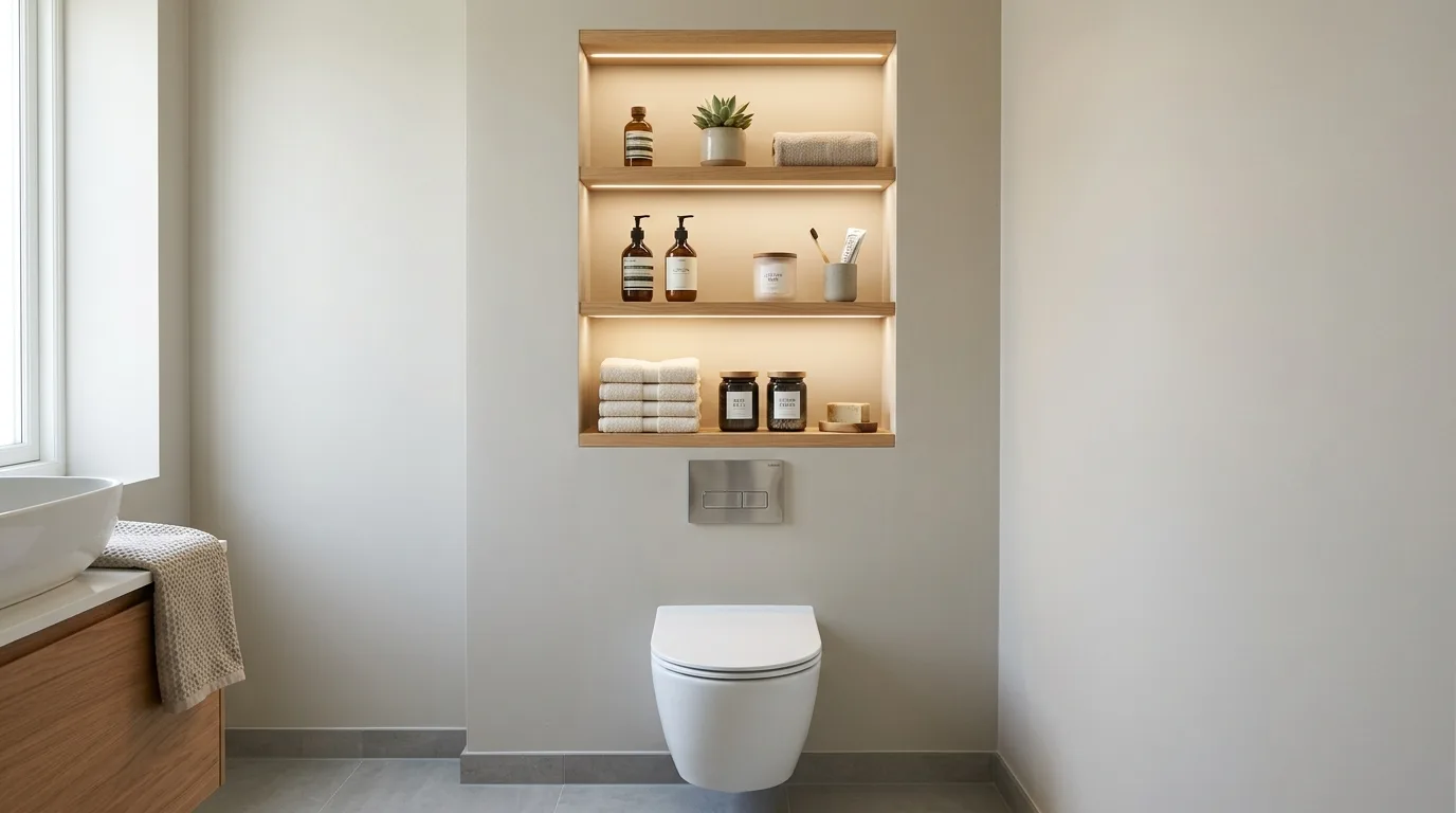 Bathroom decor above the toilet with apothecary jars and neat storage.