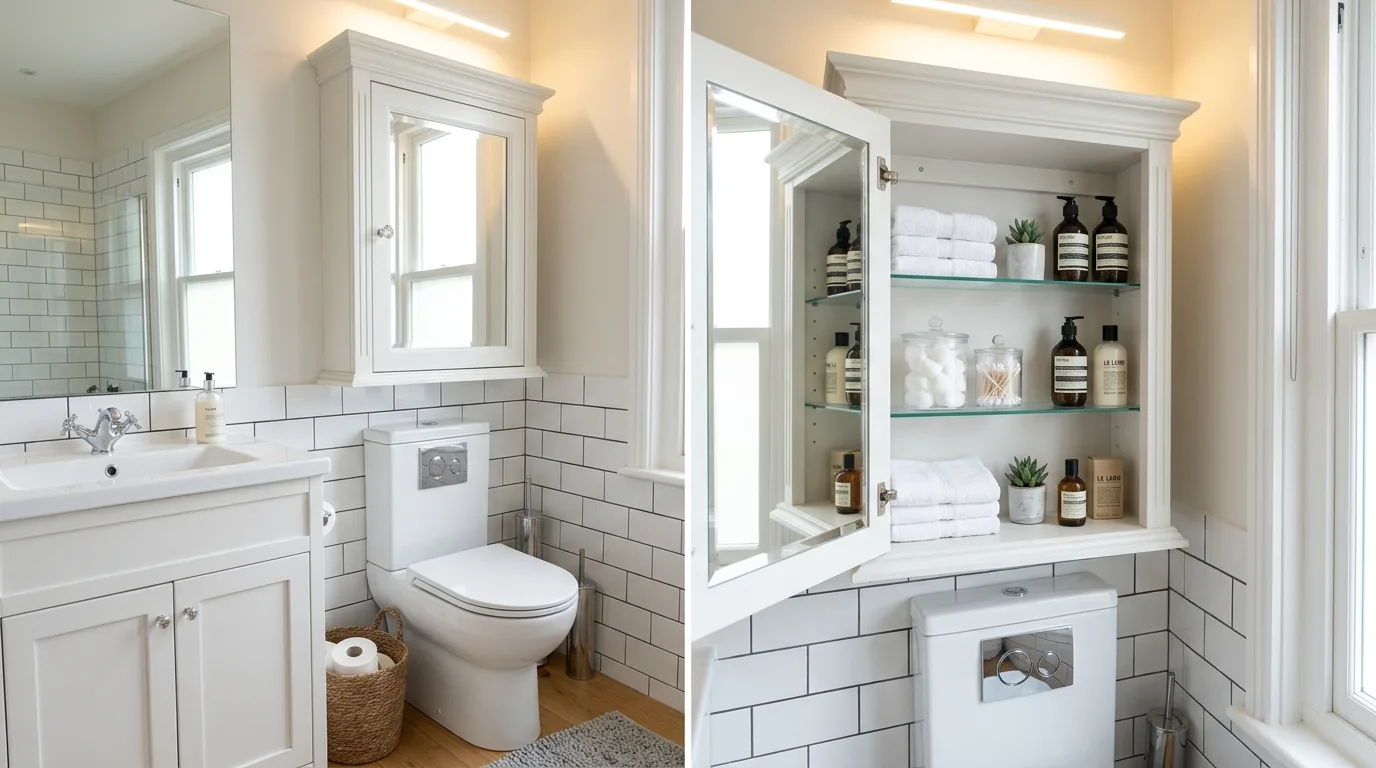 Slim ladder shelf above a toilet in a compact bathroom.