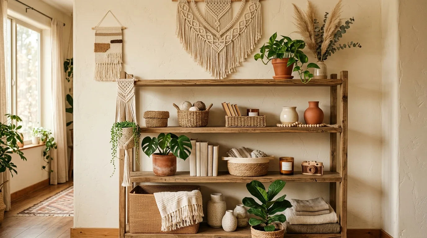Above-toilet storage styled with matching containers and tidy organization.