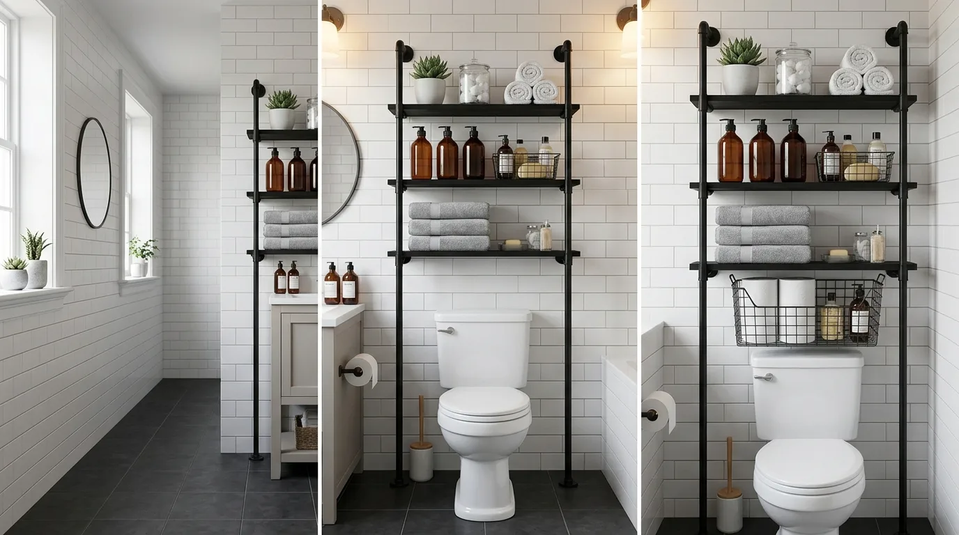 Bathroom shelf above the toilet decorated with greenery and storage.