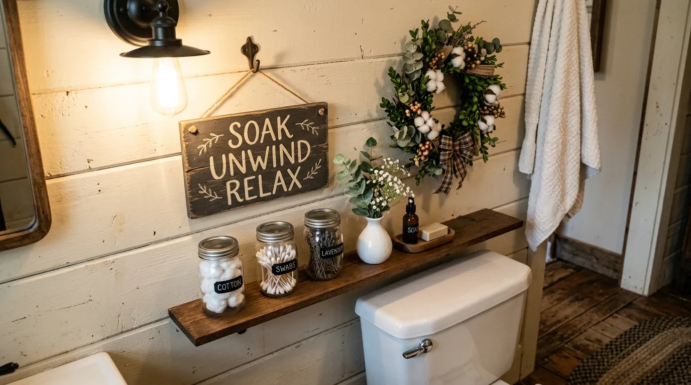 Powder room with a framed mirror and shelf above the toilet.