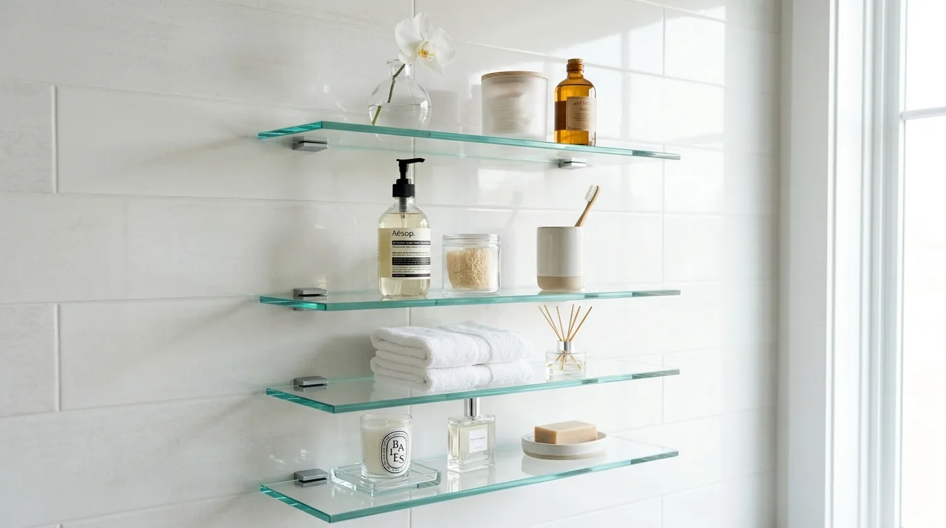Modern bathroom with black metal shelving above the toilet.