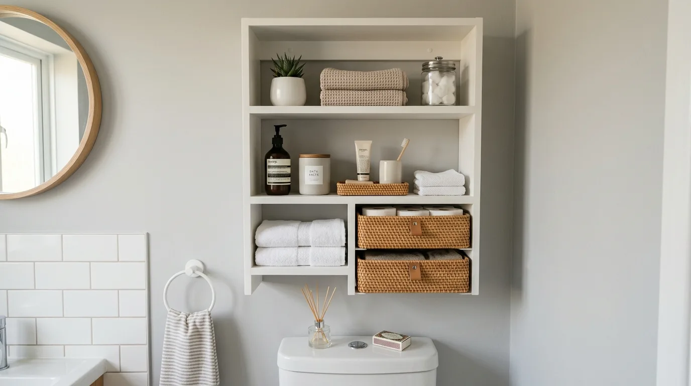 Minimal above-toilet bathroom shelf with an edited decorative arrangement.