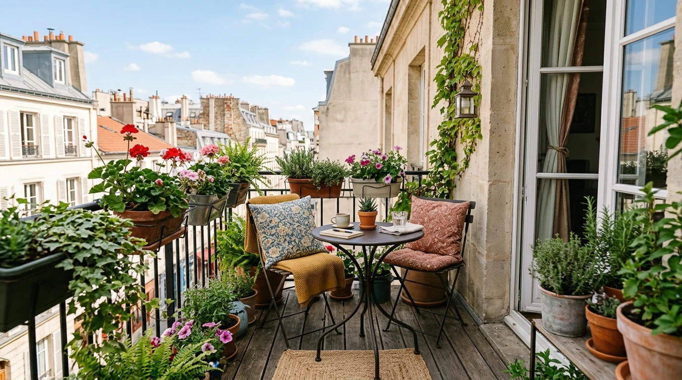 Clever genius small balcony styled as a cozy urban oasis.