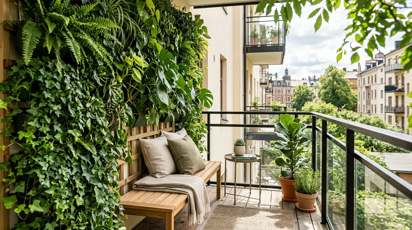 Small balcony styled with vertical planters and lush greenery.