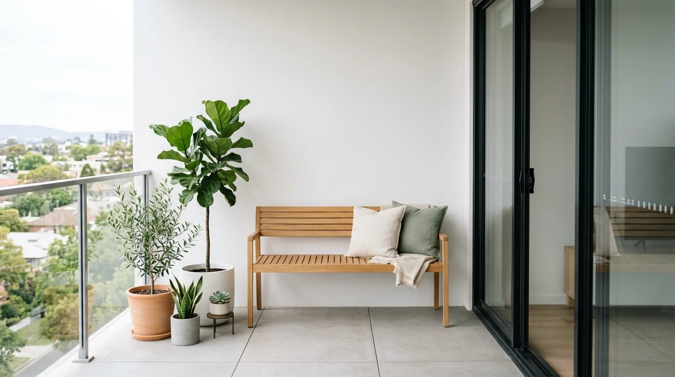 Clever small balcony with bench seating and hidden storage.