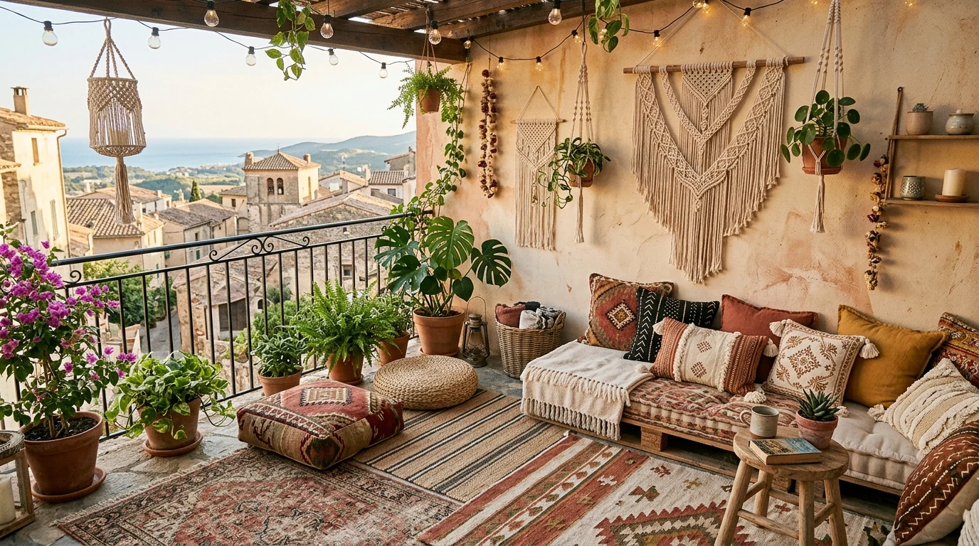 Small balcony with an outdoor rug defining a cozy seating area.