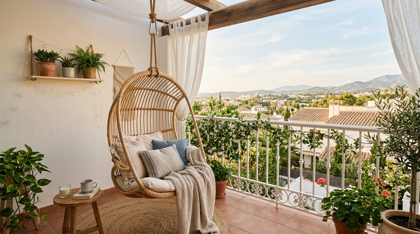Small balcony glowing with string lights for an inviting evening mood.