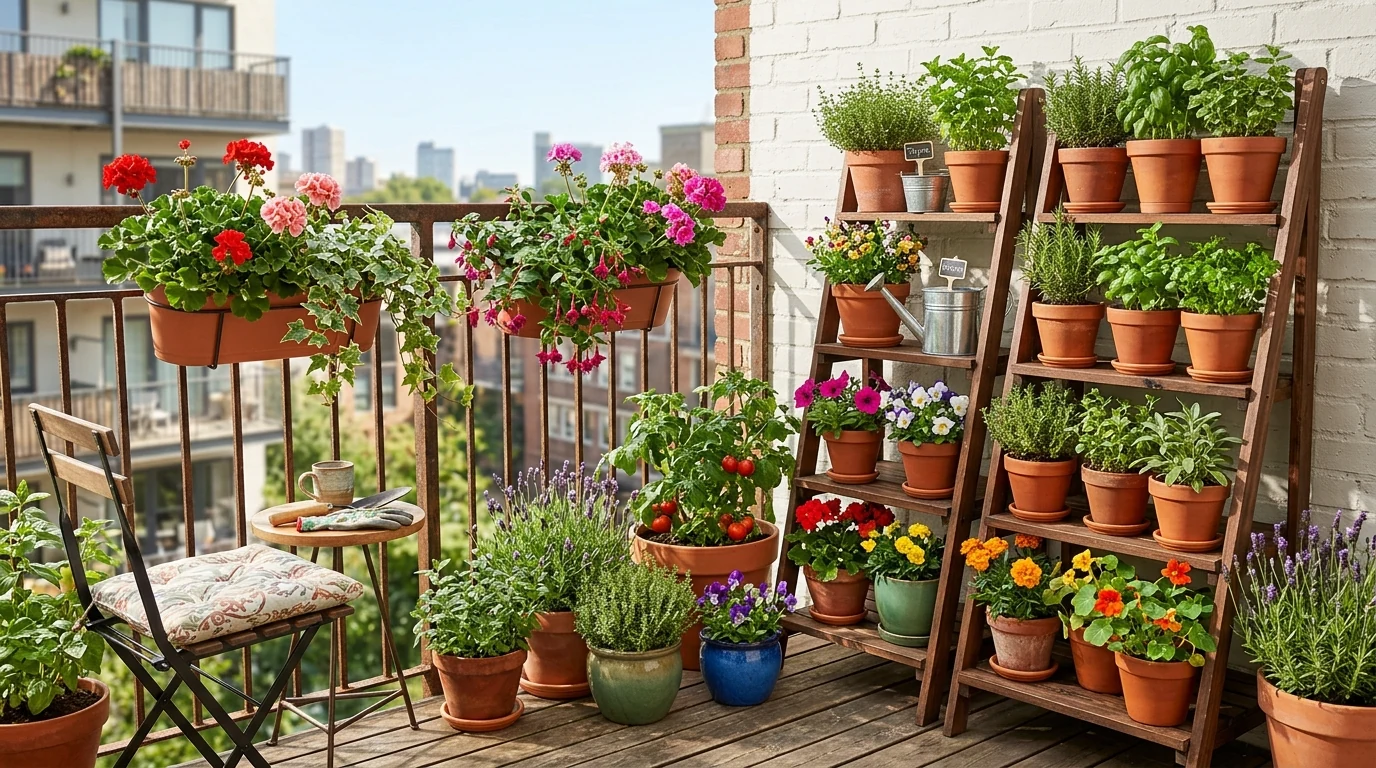 Small balcony arranged with floor cushions and a low table.