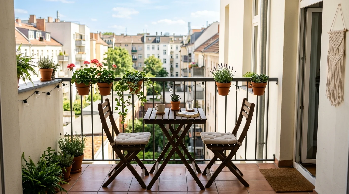 Urban balcony with a privacy screen and soft layered texture.