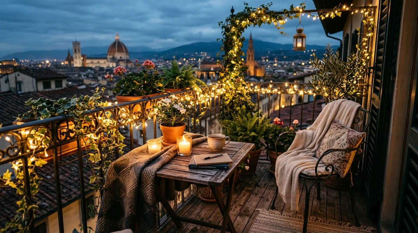 Narrow small balcony with a hanging garden and cozy styling.