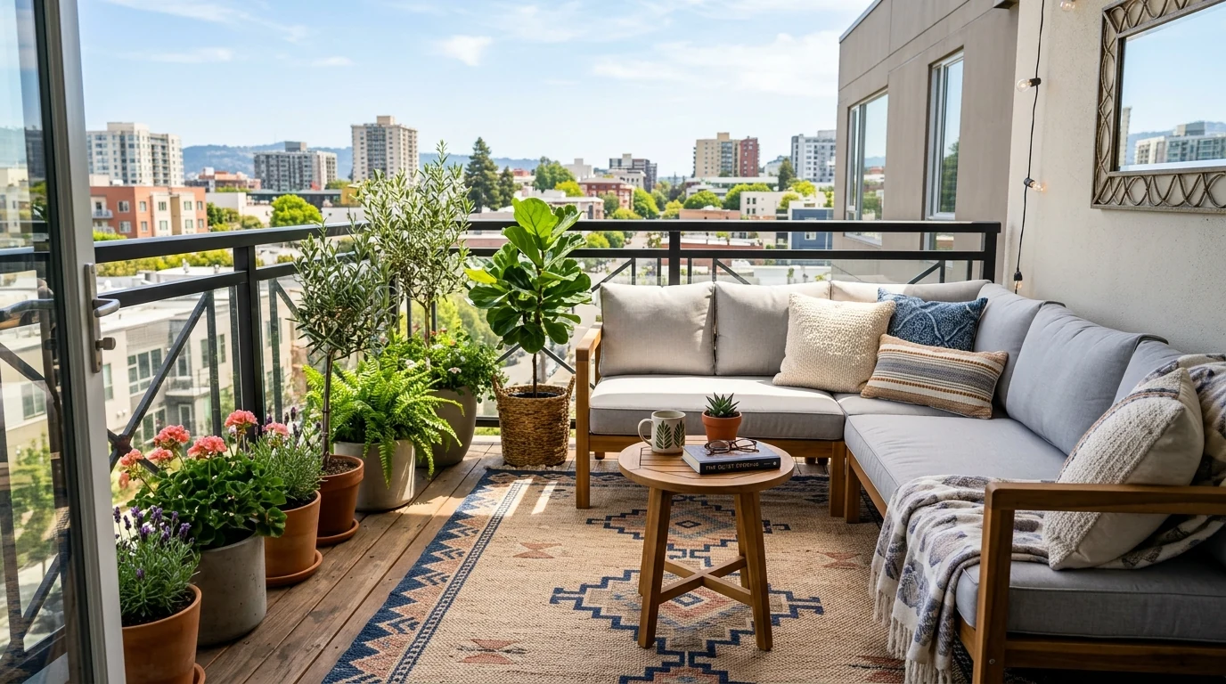 Boho small balcony with woven touches and cozy urban oasis decor.