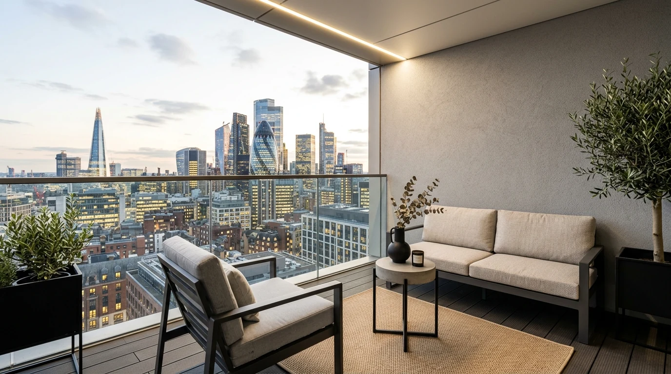 Minimal small balcony in white and green with a fresh urban feel.