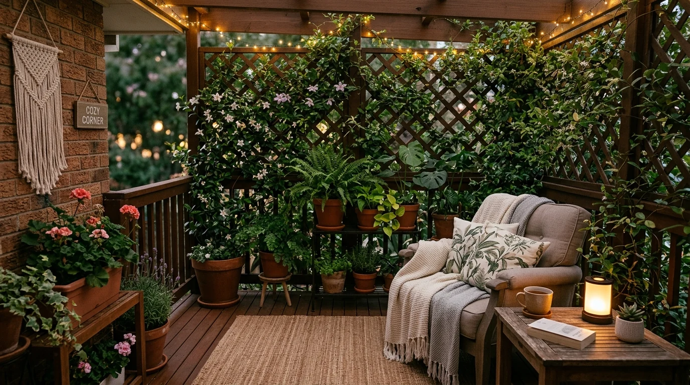 Tiny balcony styled as a cozy reading nook in an urban apartment.