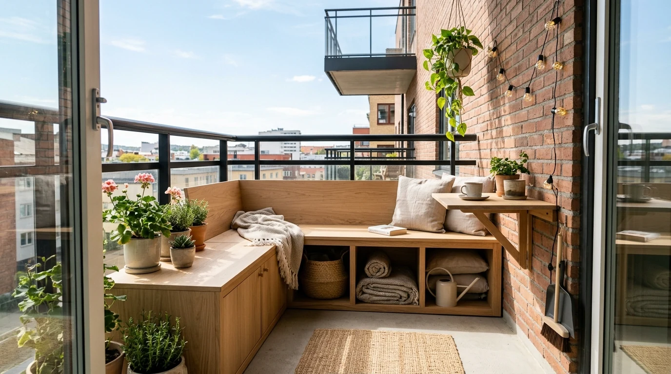 Small balcony with rail planters and compact seating for urban living.