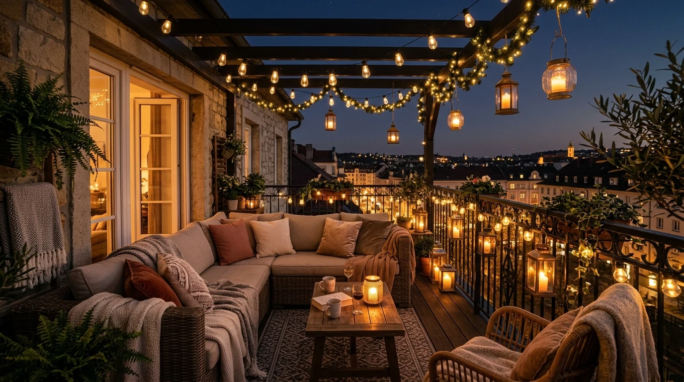 Clever small balcony fully styled as a cozy urban oasis.