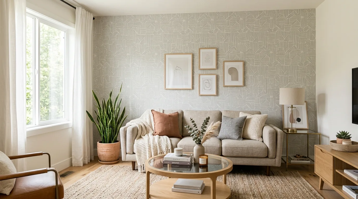 Rent-friendly living room upgrade with removable wallpaper, neutral decor, and layered textures.